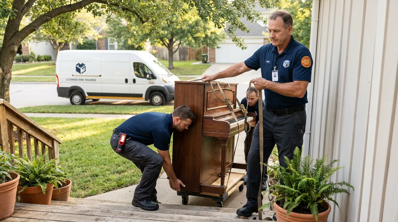 Licensed piano movers securing grand piano in Lonoke, AR