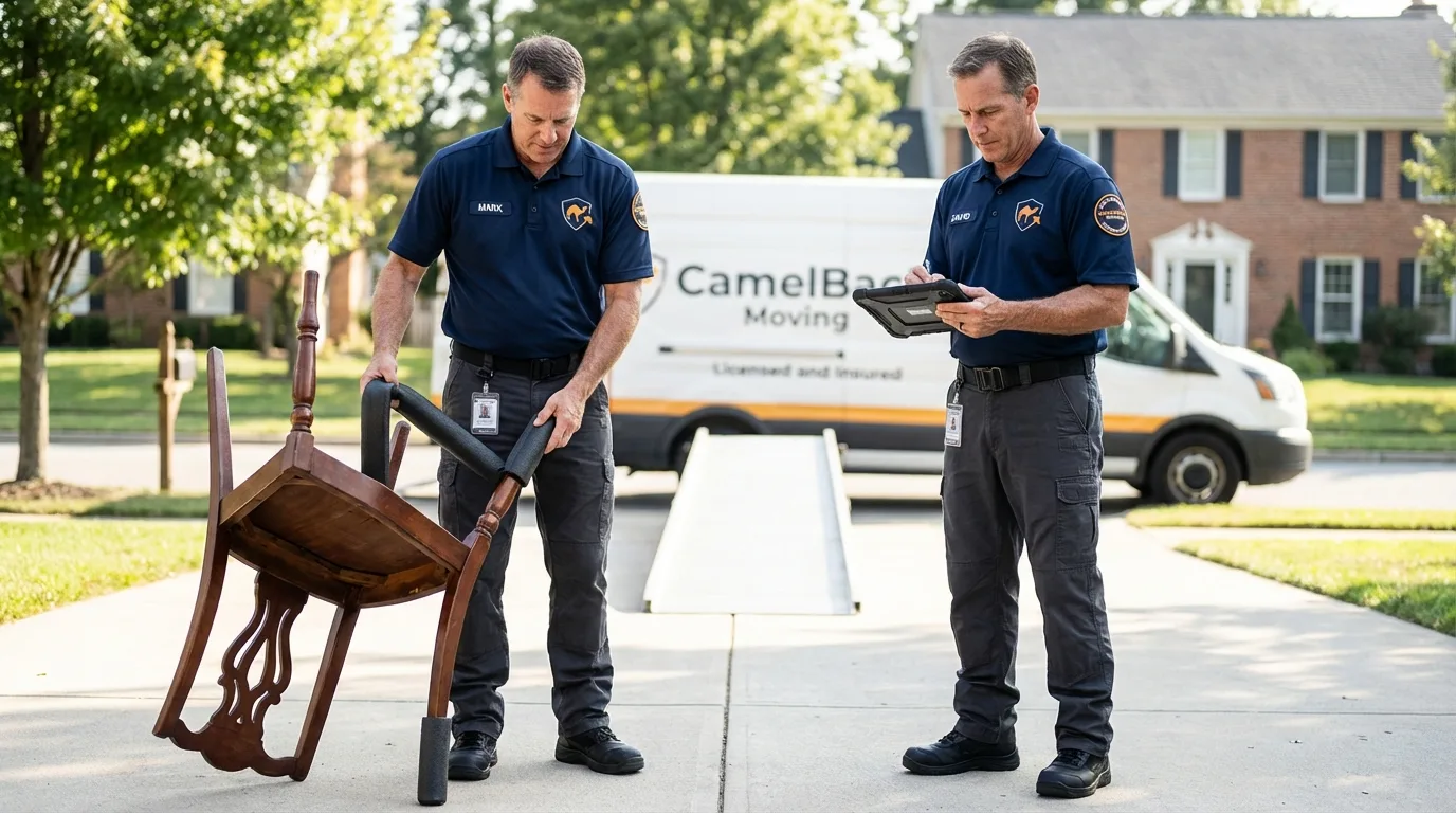 Movers inspecting furniture for damage prevention before loading in Lonoke, AR